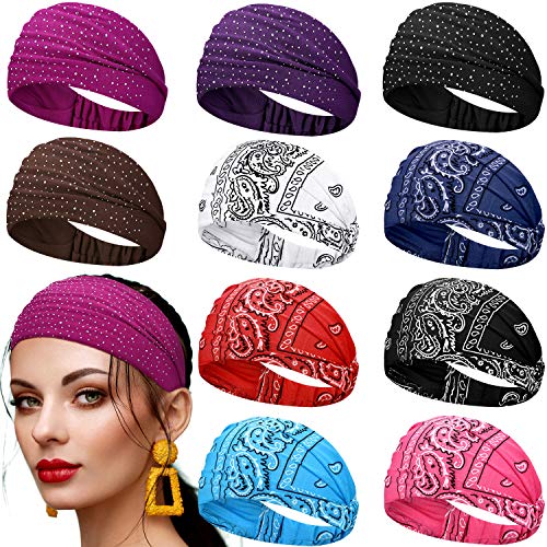 WILLBOND 10 Pack Wide Stretch Headbands for Women - Boho Hair Wraps & Knotted Bands