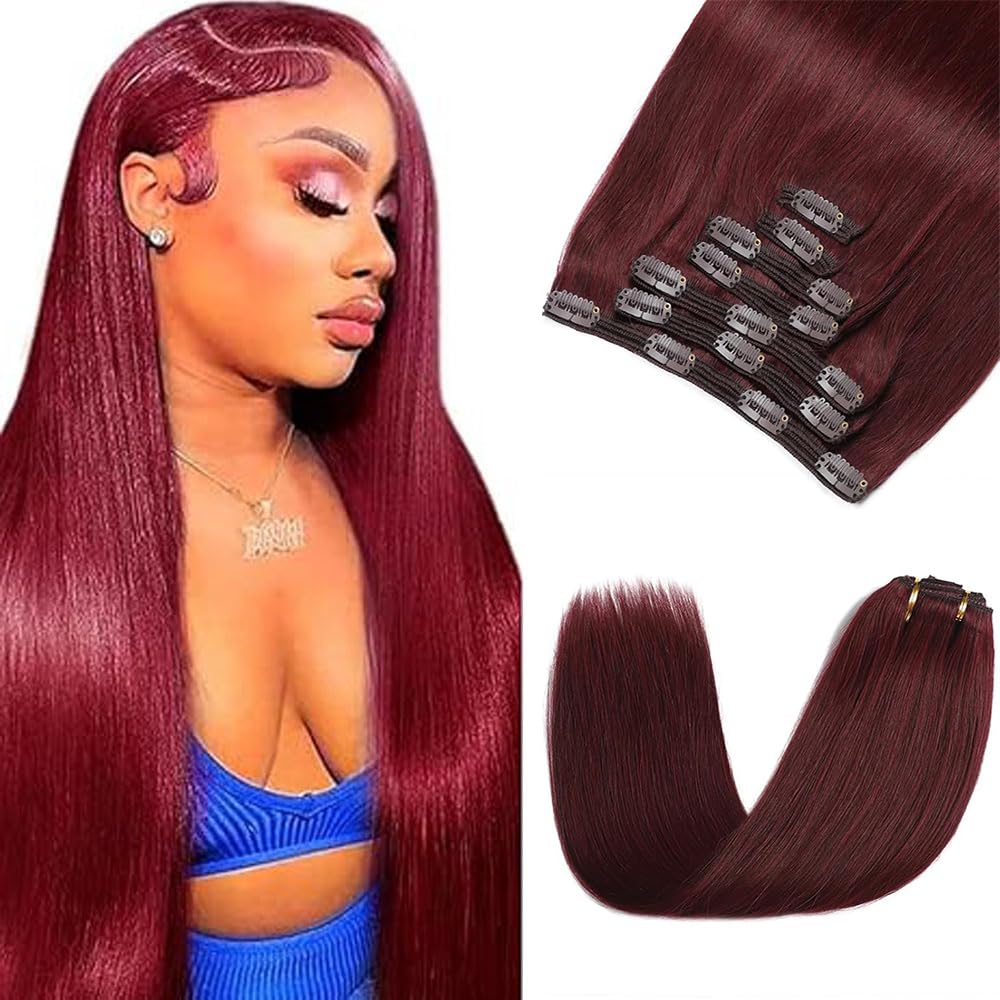 #99J Burgundy Clip in Hair Extensions, 32 Inch 120g/7Pcs,Full Shine Remy Human Hair,Wine Red Straight Clip ins Brazilian Virgin Human Hair Extensions