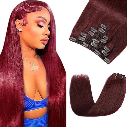#99J Burgundy Clip in Hair Extensions, 32 Inch 120g/7Pcs,Full Shine Remy Human Hair,Wine Red Straight Clip ins Brazilian Virgin Human Hair Extensions