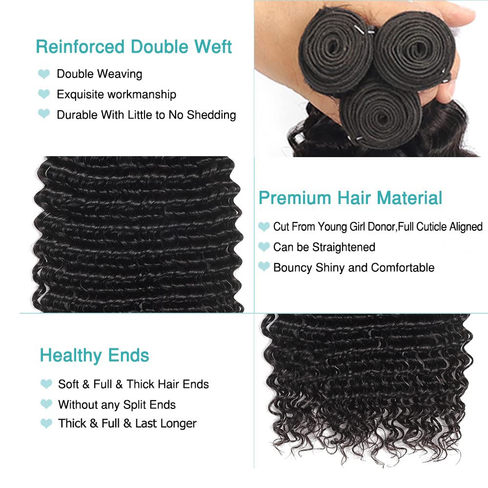 Deep Wave Bundles - 100% Unprocessed Brazilian Virgin Human Hair | Natural Black Color, 8-12 Inch Lengths