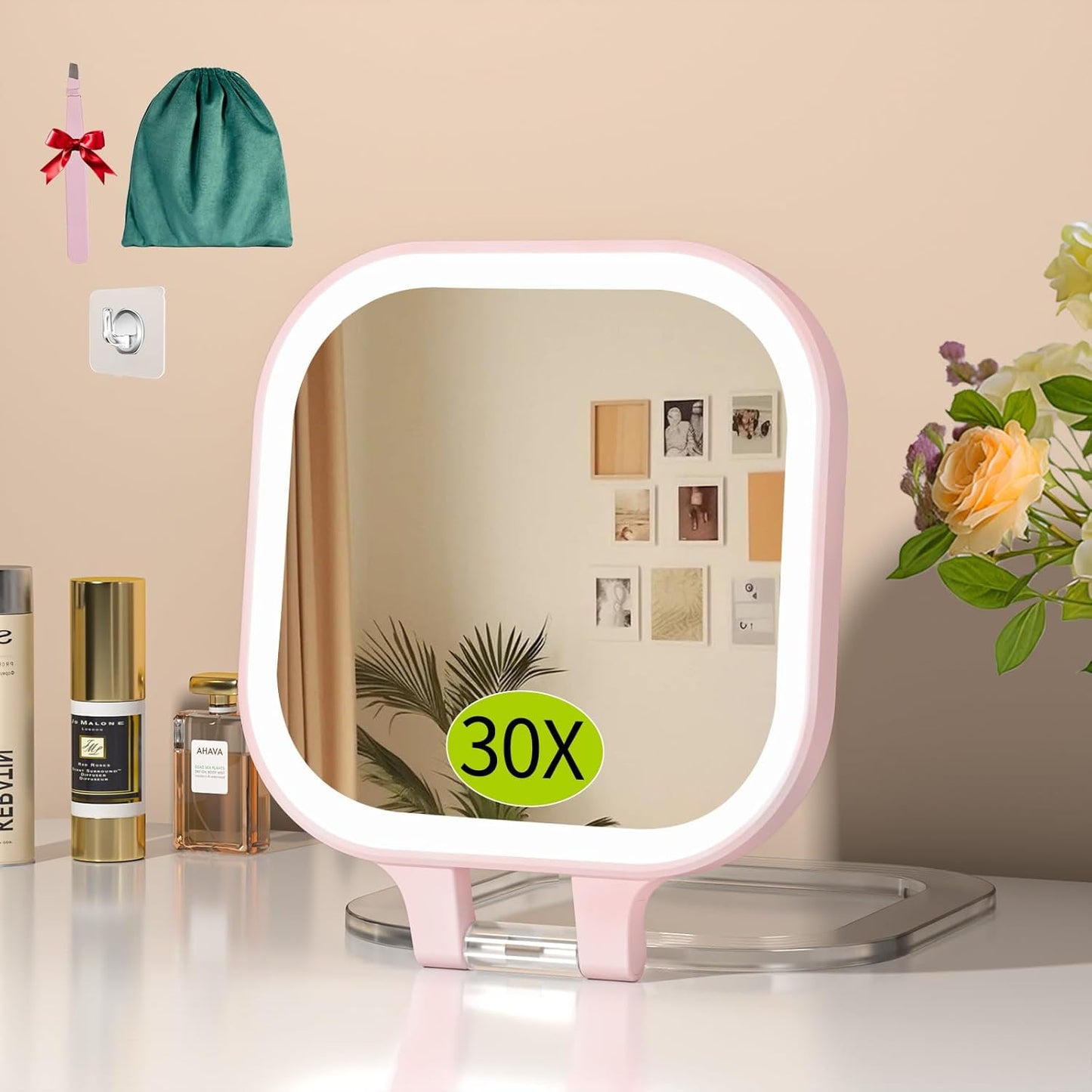 FUNTCH 7" Travel Makeup Mirror - 30X Magnification, Rechargeable Double-Sided Lighted Vanity Mirror with 3 Color Lights & Adjustable Brightness | 300° Rotation, Perfect Gift for Women, White