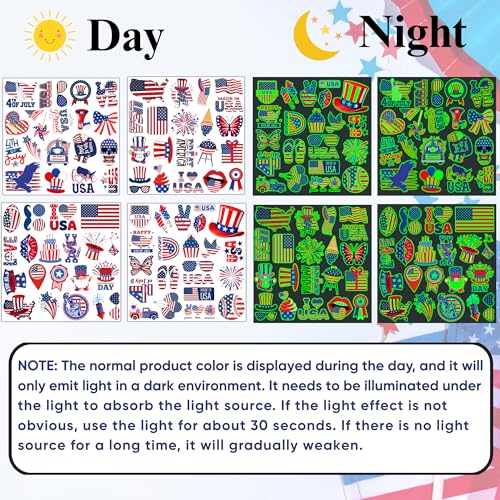 Fourth of July Luminous Temporary Tattoos for Kids - 80+ Patriotic Designs, Party Favors