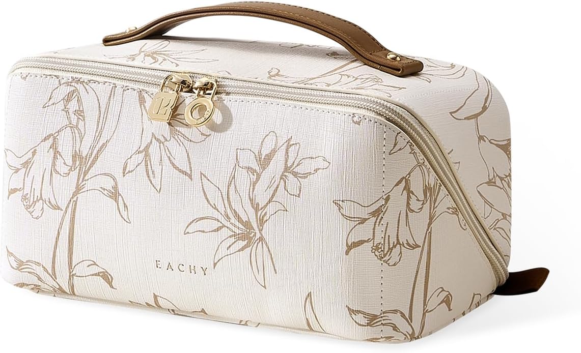 Travel Makeup Bag - Large Capacity Waterproof Cosmetic Pouch | Open Flat Design (F-Beige)