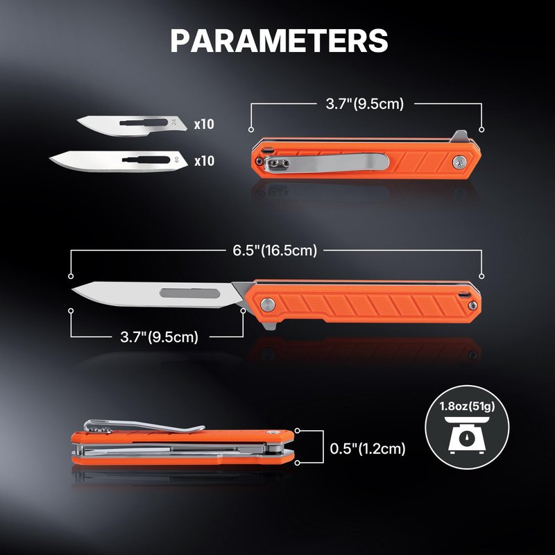 Tops Home Mini Folding Scalpel – Slim G10 Handle with Back Clip, Liner Lock Pocket Knife for Crafts, Utility Box Cutter, Includes 20 Replaceable Blades (#24 & #60) (Orange)