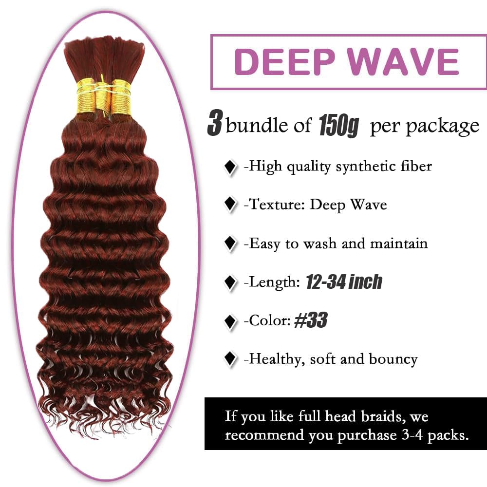 32 32 32 inch Reddish Brown Human Braiding Hair 3 Bundles 150g 33 Copper Red Deep Wave Bulk Huam Hair for Braiding Curly Knotless 10A Brazilian Virgin No Weft #33