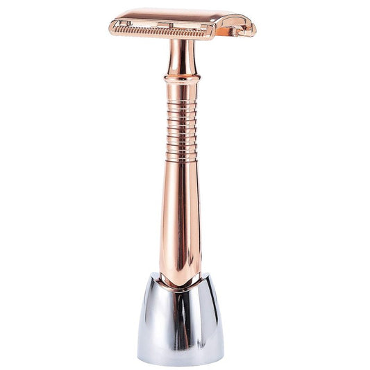 BAILI 3-Piece Double Edge Safety Razor Long Handle Wet Shaving for Men Women with 5 Platinum Blades and Stand Rose Gold BD193G