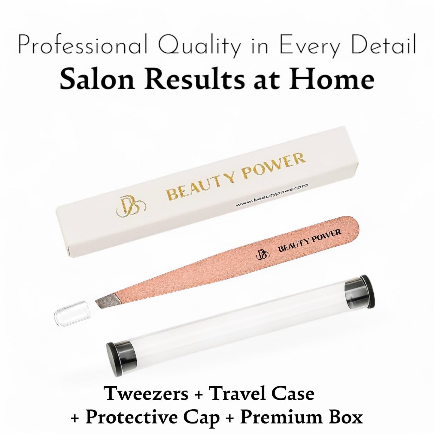 Beauty Power Slant Tip Precision Tweezers - Stainless Steel Eyebrow Tweezers for Women & Men - Precision Tweezers for Facial Hair, Ingrown Hair & Brow Shaping - Professional Beauty Tool (Rose Gold)