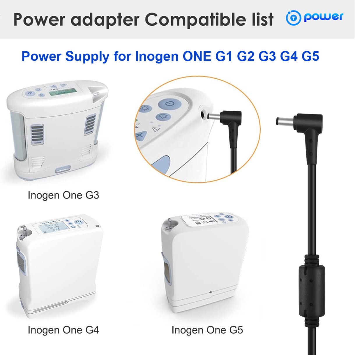 T POWER 120w Charger for Inogen One G1 G2 G3 G4 G5 Oxygen Concentrator Catalog# BA-107 BA-106 BA-301 BA-302 BA-303 19V 6.3A Ac Dc Adapter Power Supply Cord Mango 100-19B
