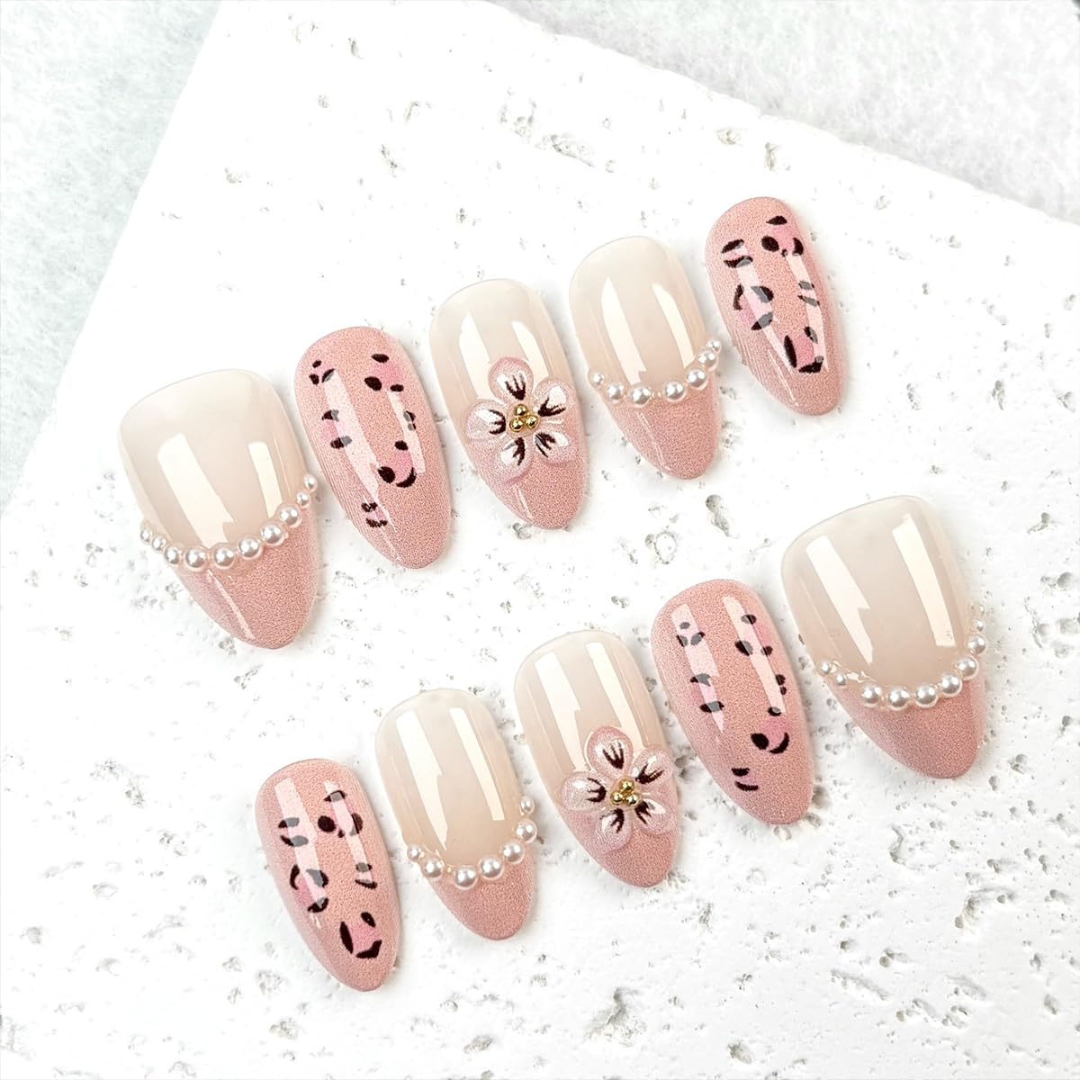 Press-On Nails - 30 Pcs Pink Flower French Tip Design | Short Almond 3D Floral Full Cover Acrylic Set