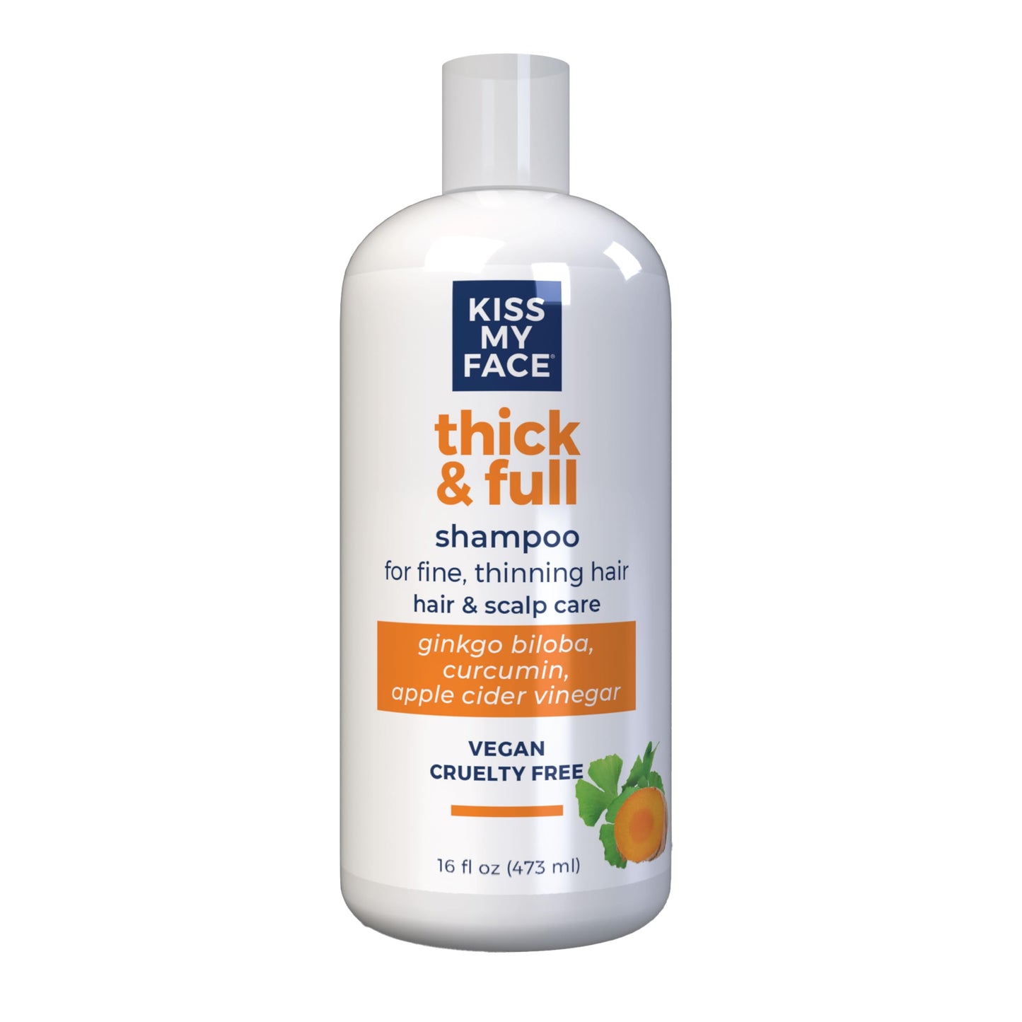 Kiss My Face Thick & Full Shampoo, For Fine and Thinning Hair, Hair and Scalp Care, Ginkgo Biloba and Curcumin, Vegan and Cruelty Free, 16 Fl Oz