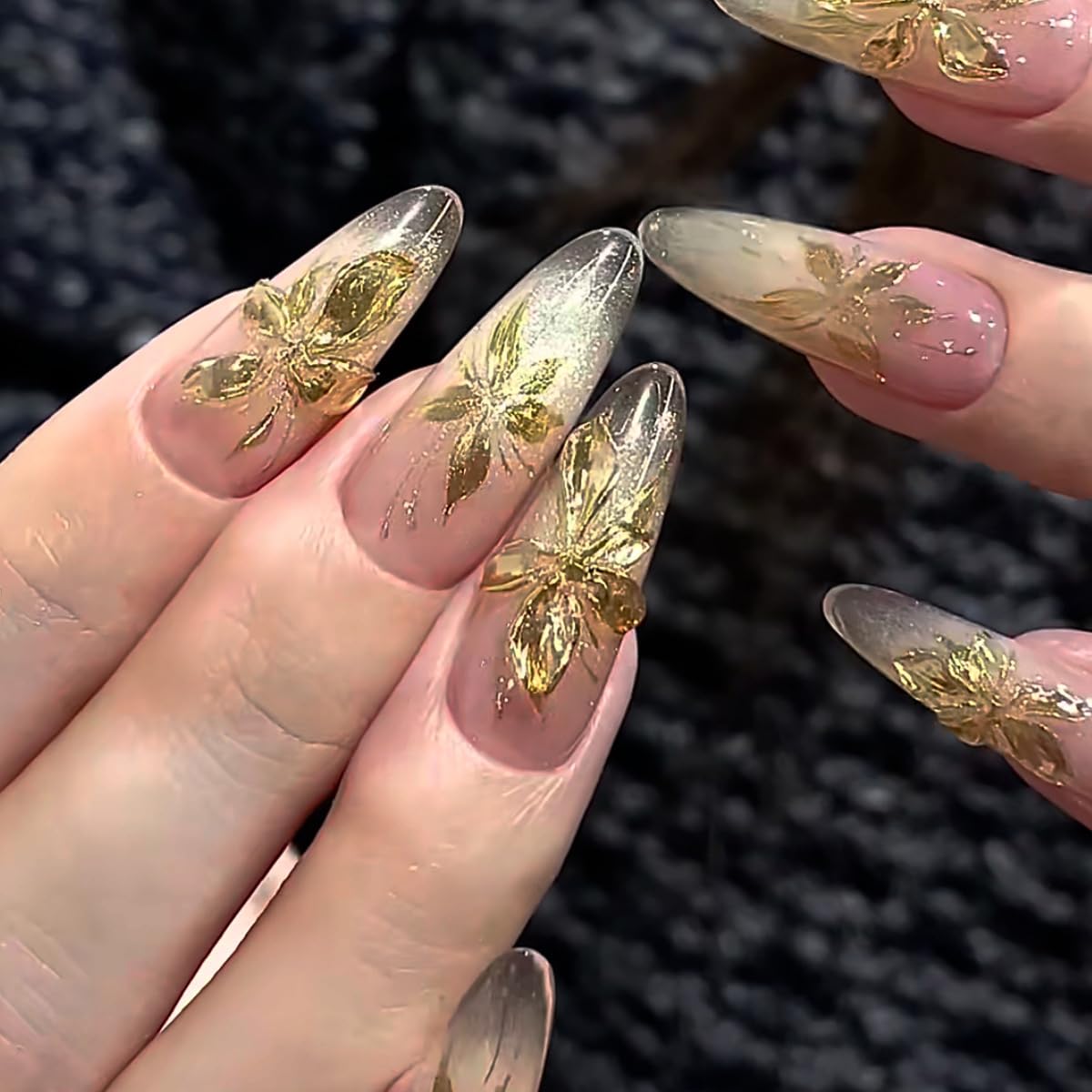 Gold Press-On Nails - 24Pcs Almond Glitter Nude Acrylic Set | Reusable Full Cover for Weddings & Daily Use
