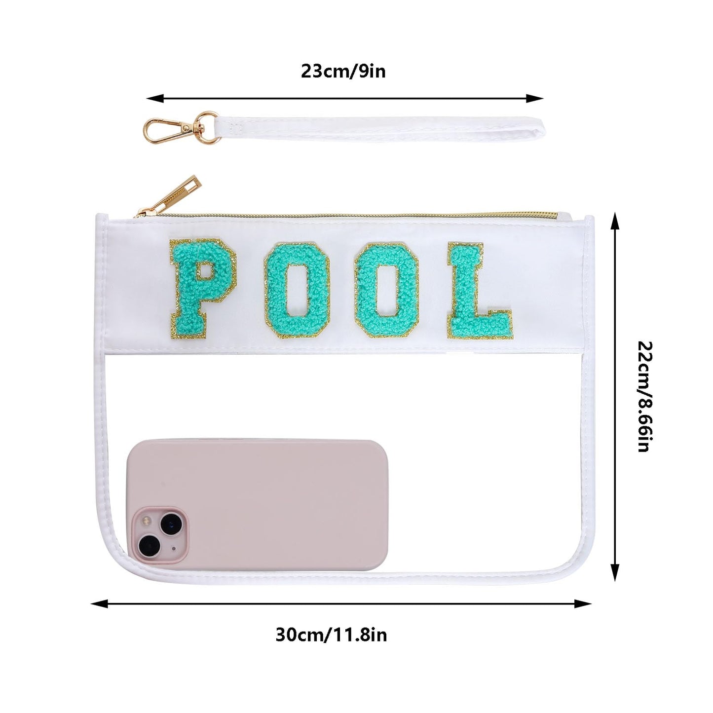 Hmxpls Chenille Letter Bag, Multi-purpose Nylon Clear Makeup Cosmetic Bags Flat Pouches with Zipper for Travel, Gym, Beach (White-Pool)