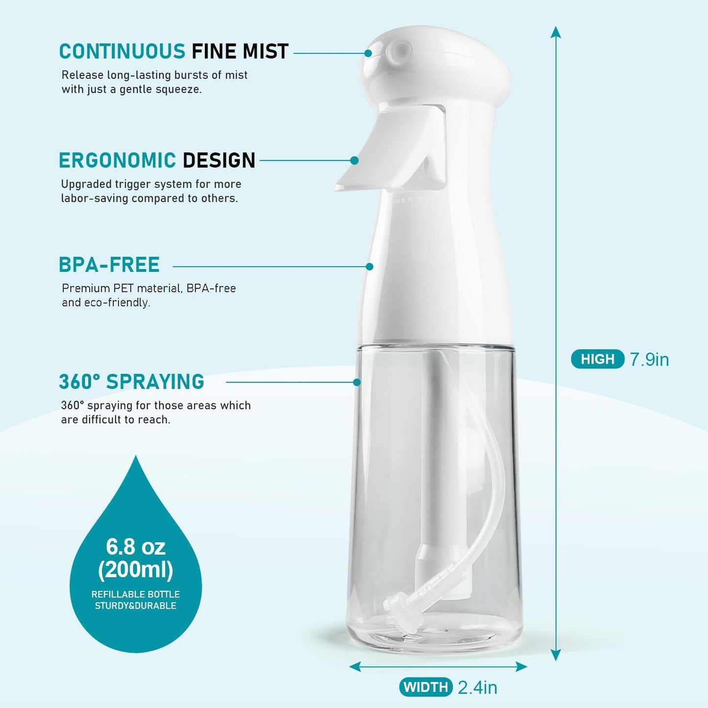 Continuous Mister Spray Bottle for Hair - Ultra Fine Mist Water Sprayer for Hairstyling, Cleaning, Plants | 2 Pack, 6.8 OZ