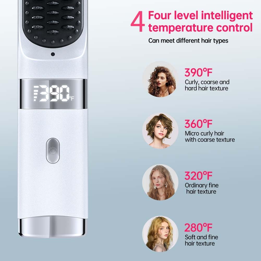 Cordless Hair Straightener Brush - Portable Travel Comb with USB Charging | Fast Heating, LCD Display (White-Silvery)