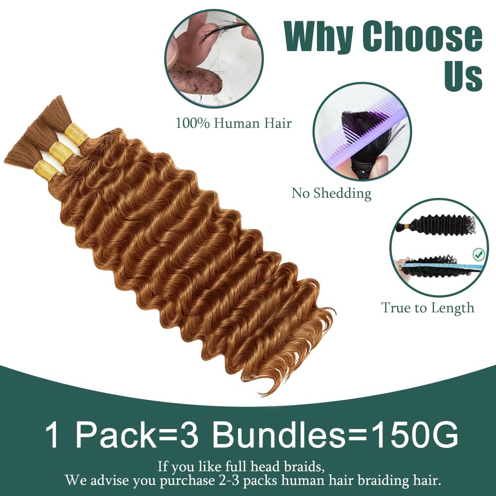 #30 Human Braidng Hair for Boho Braids 24 24 24 Inch Brown Deep Wave Bulk Human Hair for Braiding 10A Deep Wave Bulk 3 Bundles 150g