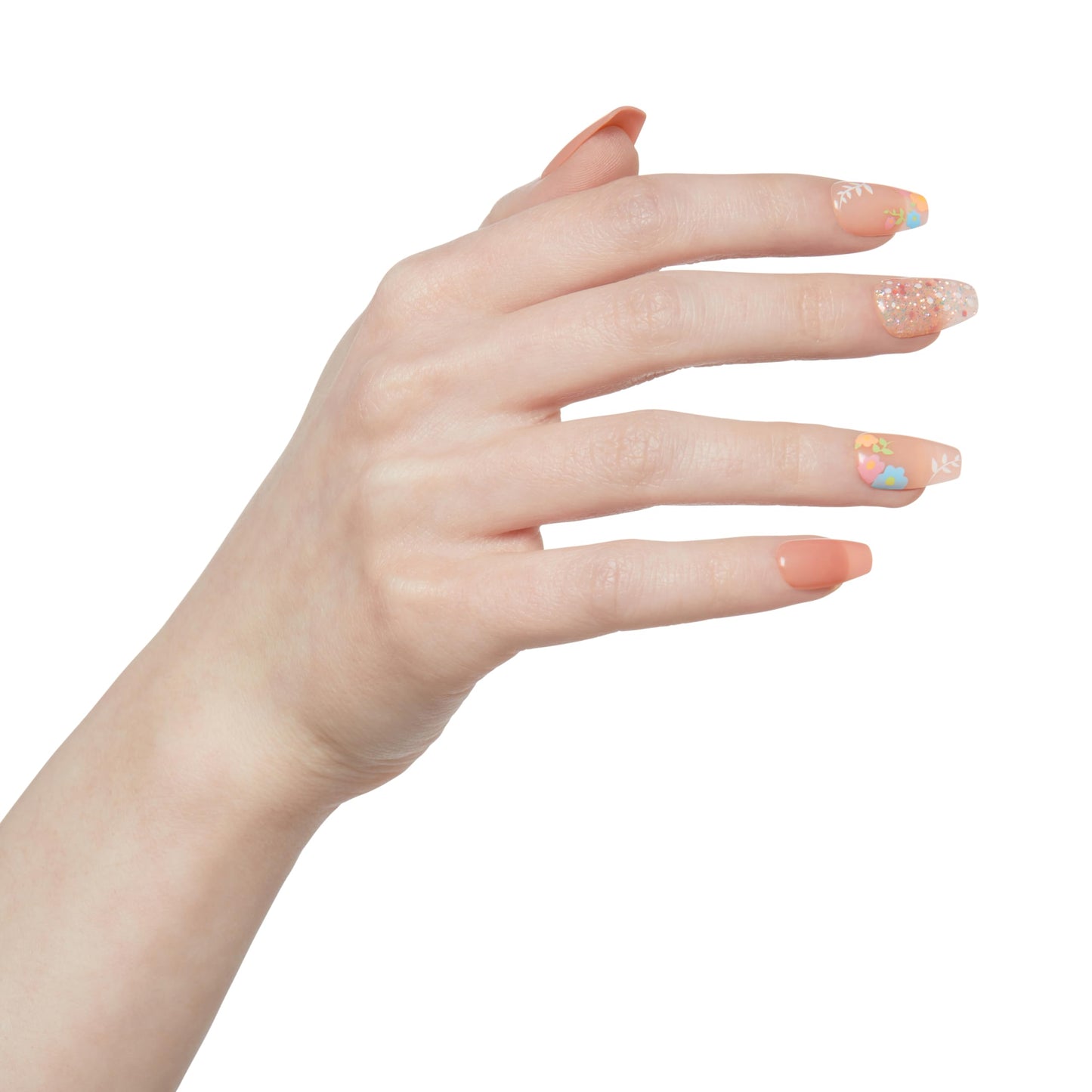 KISS Impress Press-On Manicure Fake Nails, Hokey Pokey - Medium Length, Coffin Shape, Polish-Free Nude Pink with Flower Design Mani, Includes Prep Pad, Mini File, Manicure Stick, and 30 Fake Nails