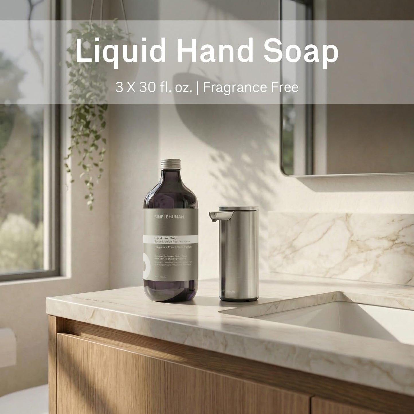 simplehuman Fragrance Free Liquid Hand Soap Refill Bottle 3-Pack, 30 fl. oz. Each, Gentle & Naturally Pure, Moisturizing Vitamin E, Sulfate & Paraben Free, for simplehuman Sensor Pump