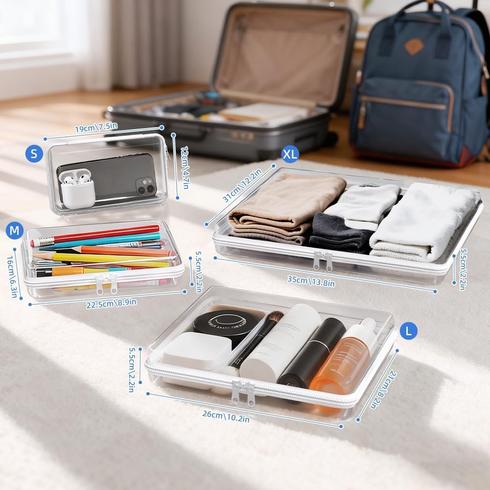Clear Hard Shell Zipper Case - 3 Pack Crush-Proof Transparent Storage Pouches | Durable Plastic Organizer Bags for Travel, Cosmetics, Toys