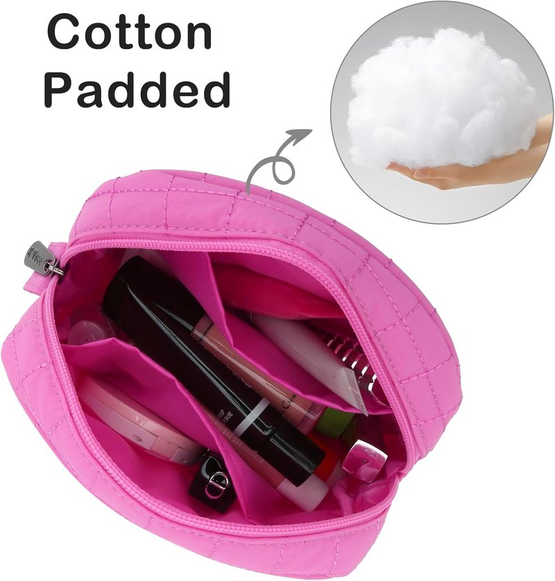 Quilted Makeup Bag - E-Tree Puffer Cosmetic Pouch for Women | Travel Toiletry Organizer Case (Pink)