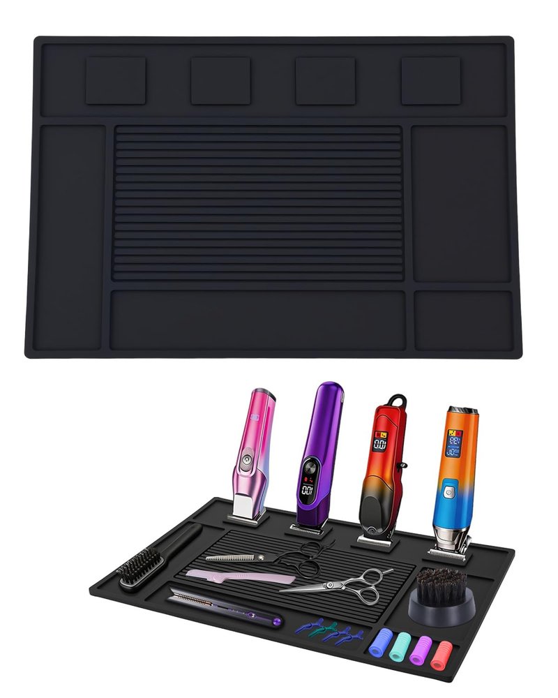 Lady Up Magnetic Barber Mat, 4 Strong Magnets Holder for Clippers, Anti-Slip Silicone Barber Station Mat for Barbershop Accessories, Heavy Duty Barber Mats for Clippers with Tools Slots