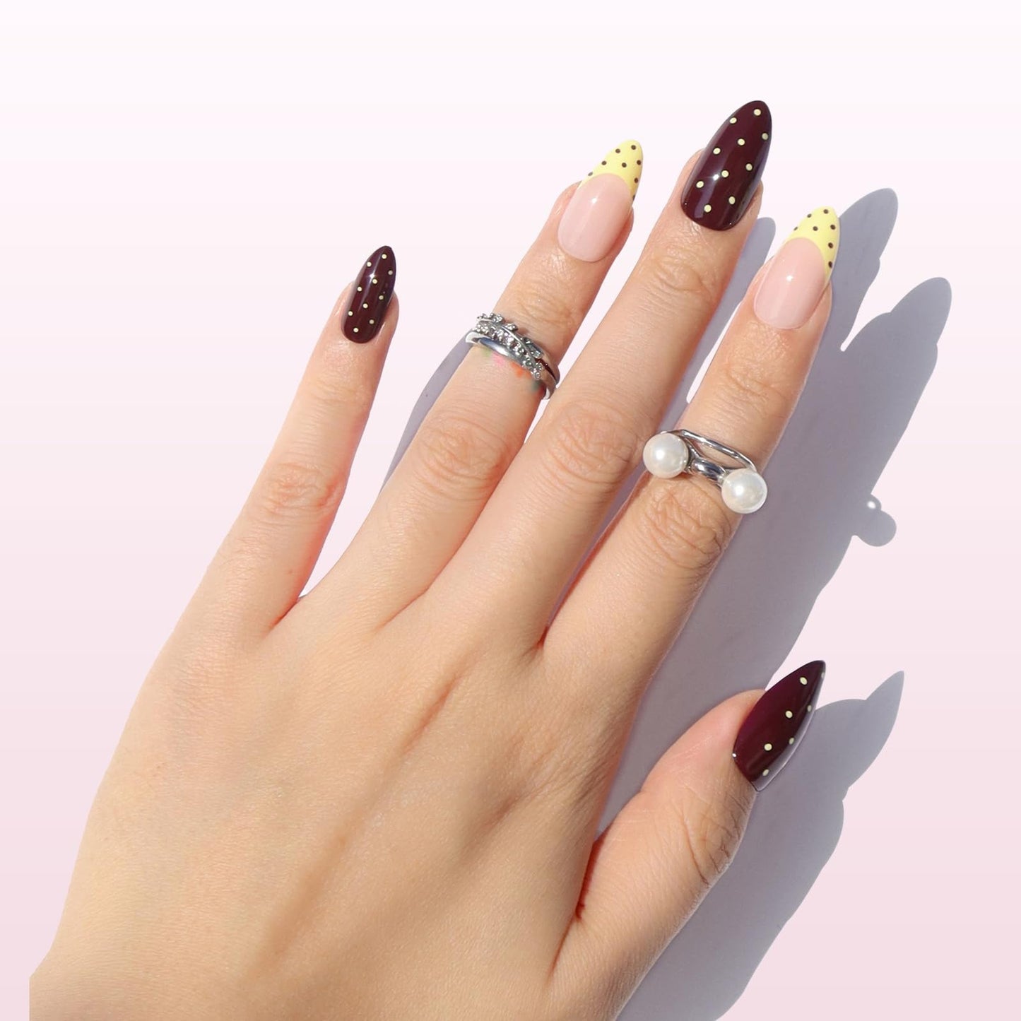 Nail Reformation Press On Nails, Polka Dot French Tip Medium Almond Fake Nails in Chocolate Cream Nude with Glossy Finish, Reusable Stick On False Nails in 15 Sizes - 30 Nail Kit, Gifts for Women