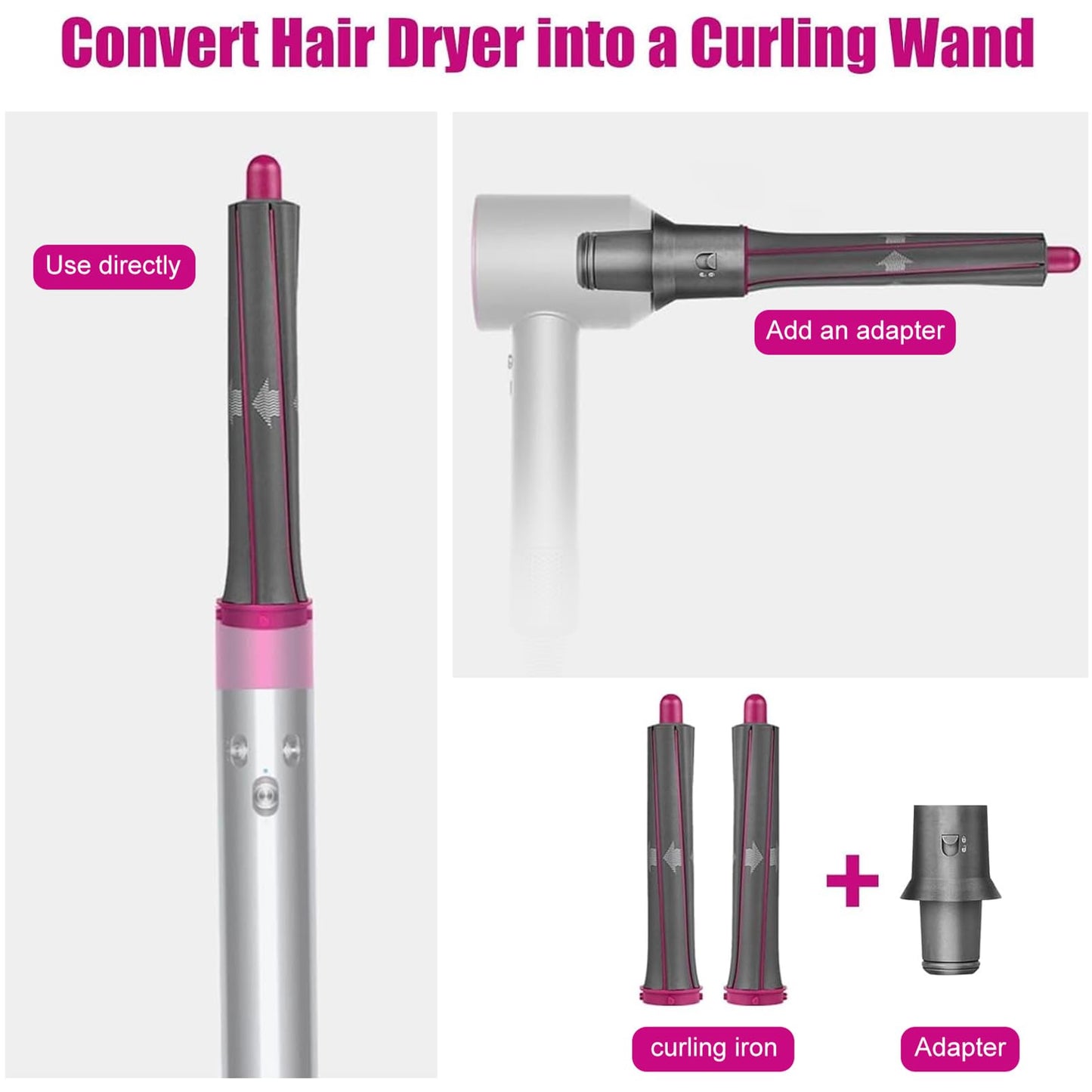 1.2 Inch/30MM Long Hair Curling Iron Barrels for Dyson Airwrap HS01 HS05 Attachment Parts Hair Tool, with Adaptor for Dyson Hair Dryer Converting to Airwrap Styler, 1 Pair