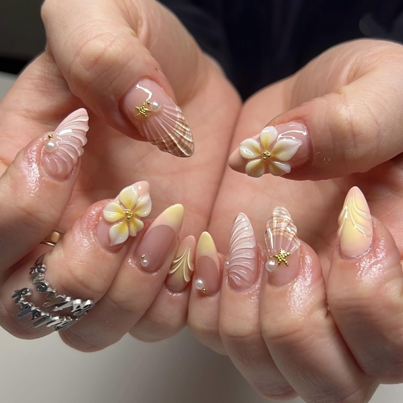 Press On Nails Almond - Medium Aurora Design Full Cover Fake Nails | 24 Pcs White Stick-On for Women