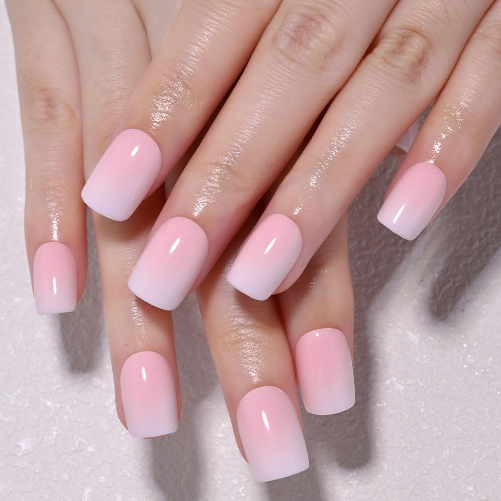 Cat Eye French Tip Press-On Nails - Nude & Pink Short Almond | Reusable Glue-On Nails with Gold Line for Weddings & Parties