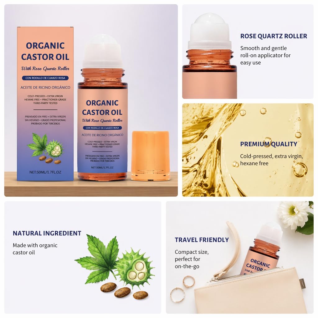 UNME SOULMA Castor Oil with Rose Quartz Roller Ball, Cold Pressed Castor Oil Roll On for Hair, Skin, Face, Scalp, Brows & Lashes, Deep Hydration & Anti-Aging, Travel Size 1.7 Fl Oz