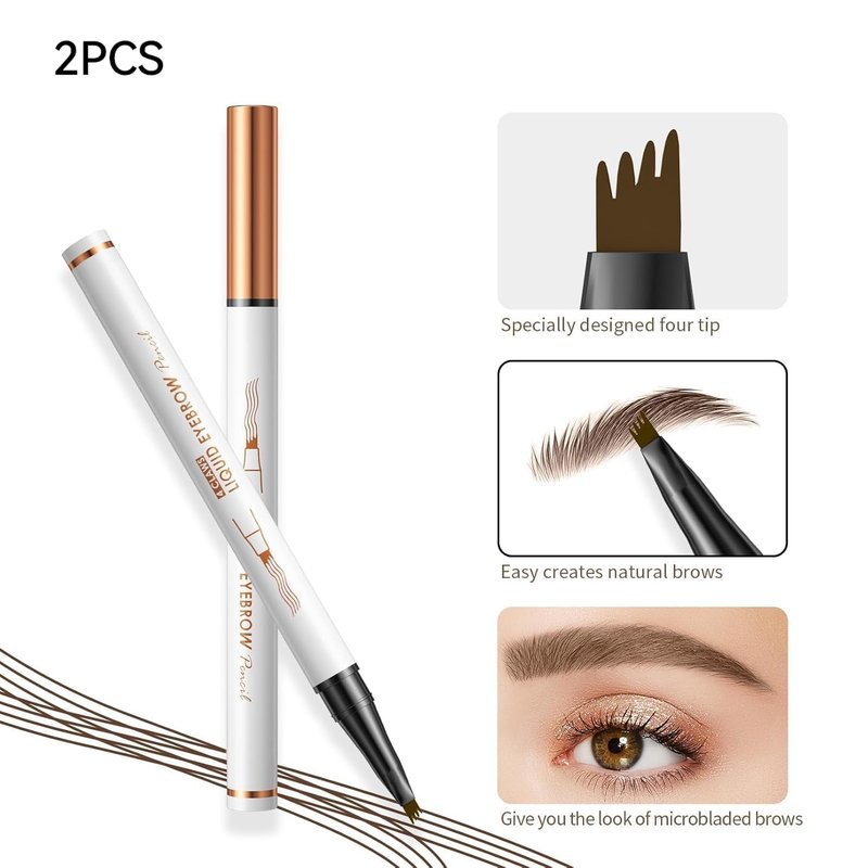 Microblading Eyebrow Pen - 3D Waterproof 4-Tip Pencil for Natural Makeup | Long-Lasting Dark Brown (2 Pcs)