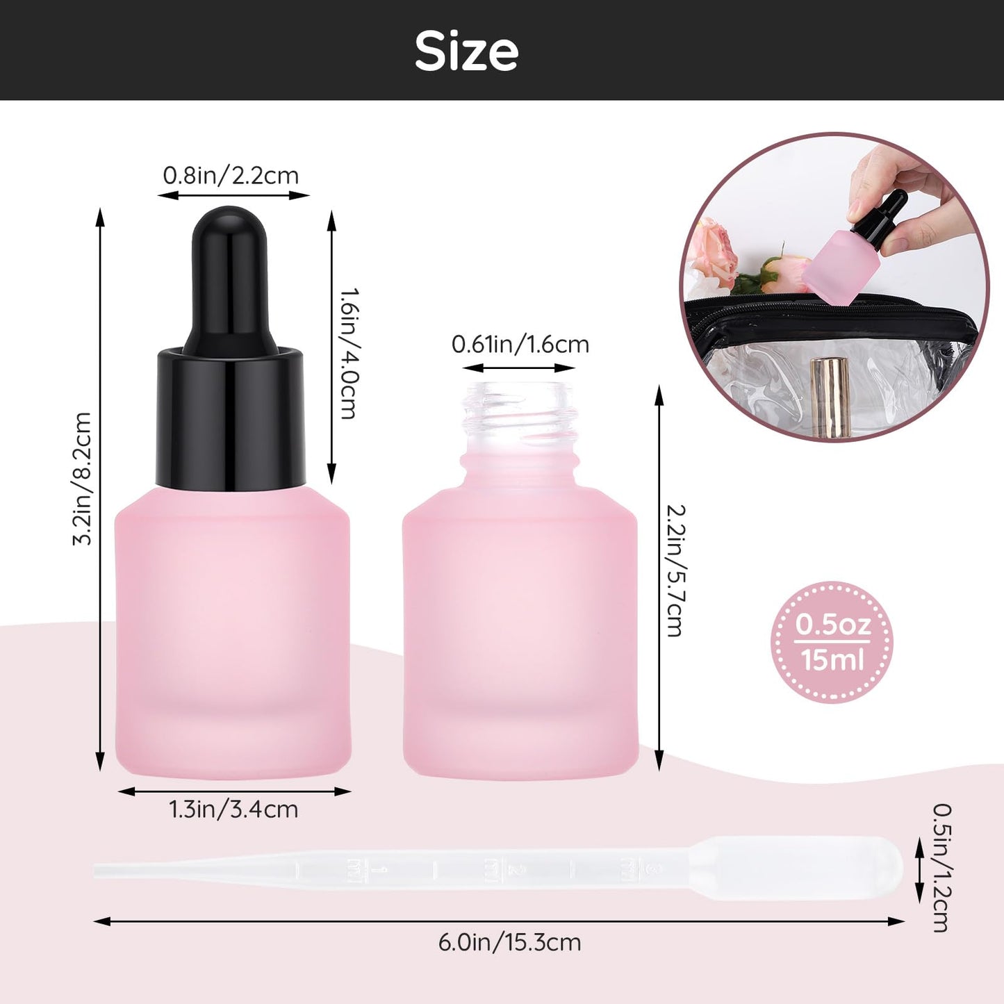Segbeauty 0.5oz Frosted Glass Bottle with Dropper for Essential Oils, 15ml Small Travel Glass Dropper Bottle Refillable, 4pcs Pink Empty Travel Size Bottles for Hair Oils Liquids with Transfer Tool