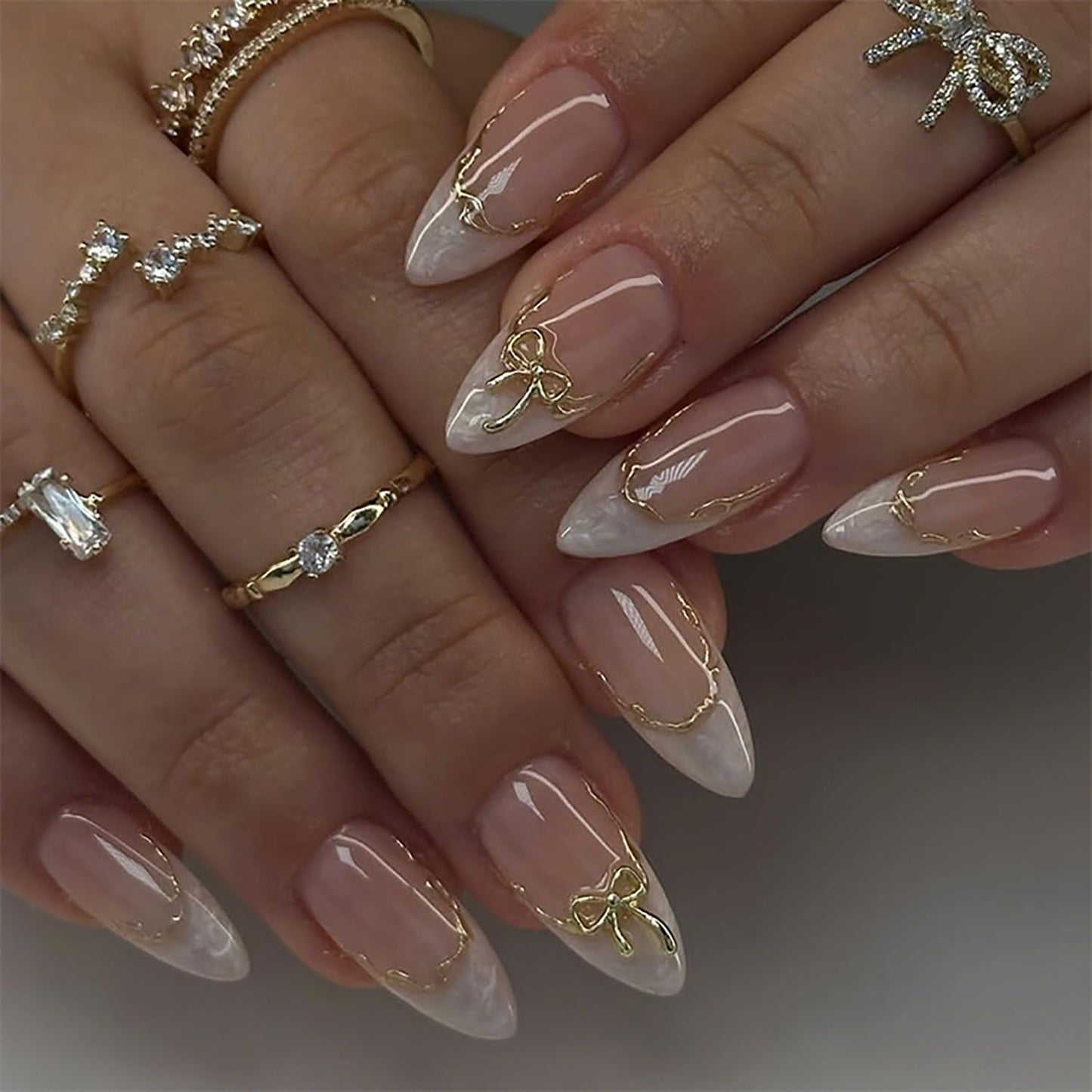 30Pcs Summer Beach Press-On Nails - Medium Almond French Tip with 3D Pearl Seashell Designs | Ocean-Inspired Acrylic Nails for Women