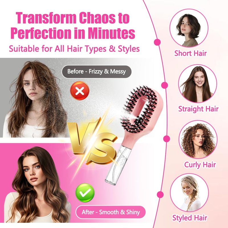2-in-1 Hair Brush with Water Spray - Wet & Dry Detangler for Wavy & Straight Hair | 50ml Reservoir, Anti-Frizz