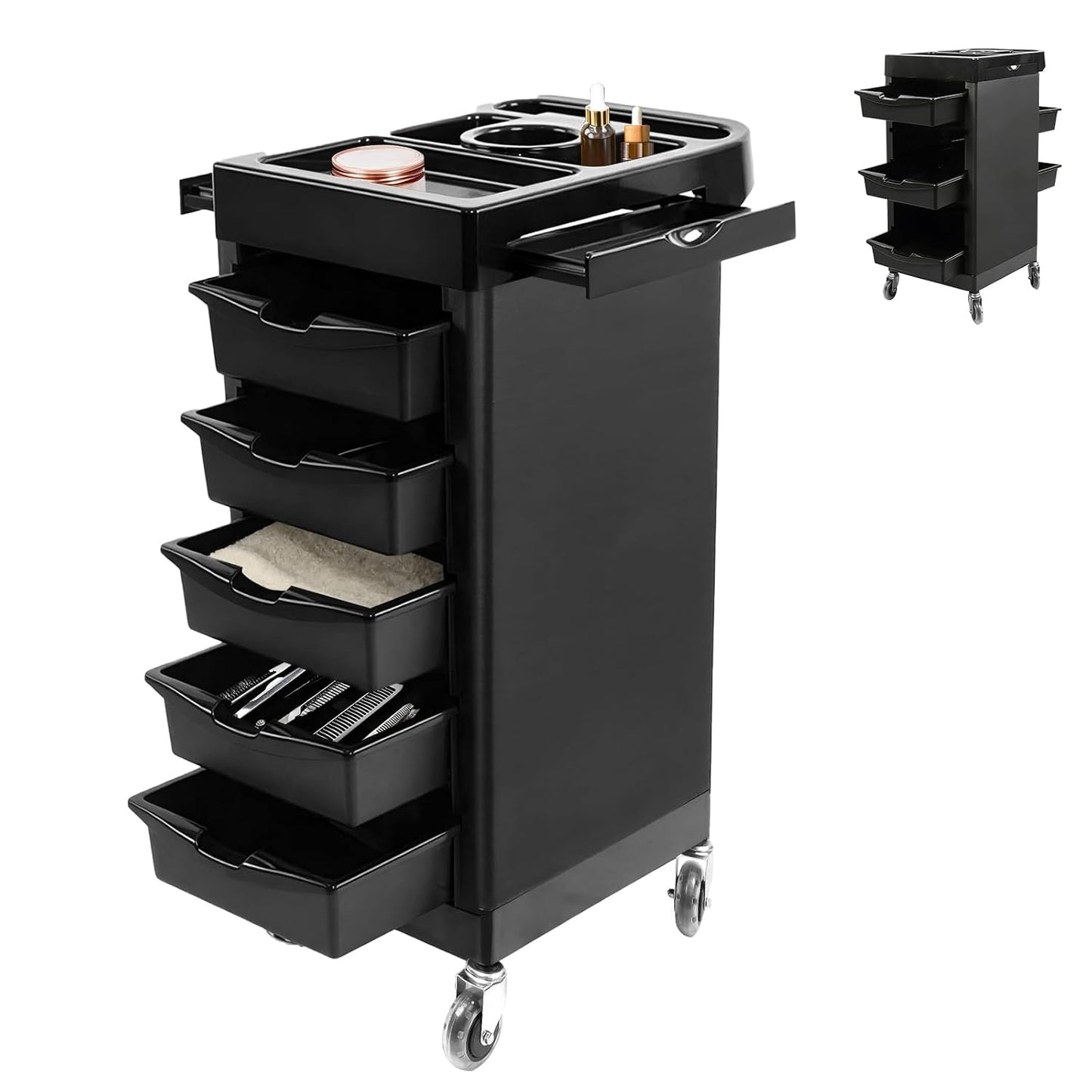Salon Beauty Rolling Trolley Cart - Black Hair Storage Cabinet with Multi Drawers & 4 Universal Wheels | Barber Organizer