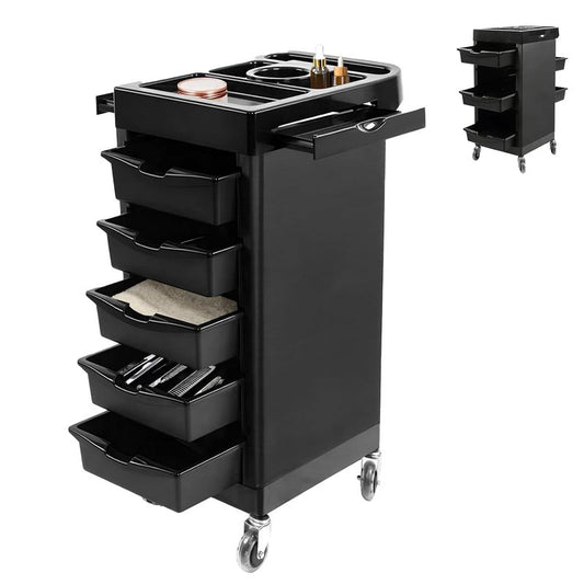 Salon Beauty Rolling Trolley Cart - Black Hair Storage Cabinet with Multi Drawers & 4 Universal Wheels | Barber Organizer
