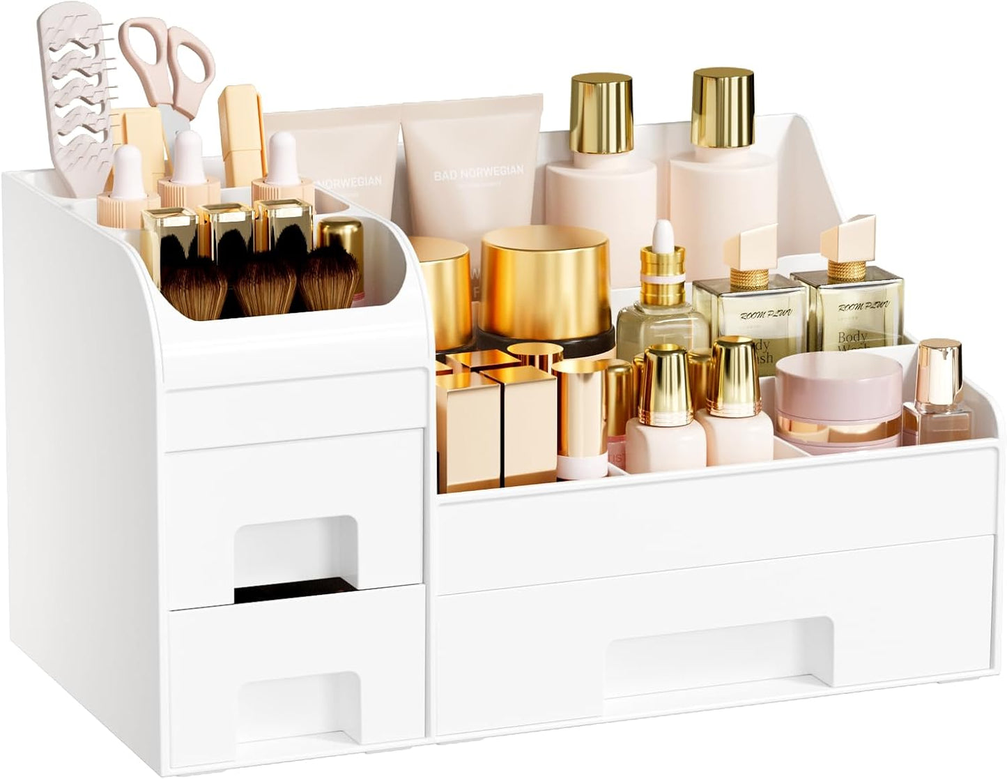 Makeup Organizer with Drawers - Large Cosmetic Storage Box | Multifunctional Skincare Display Case - White Transparent