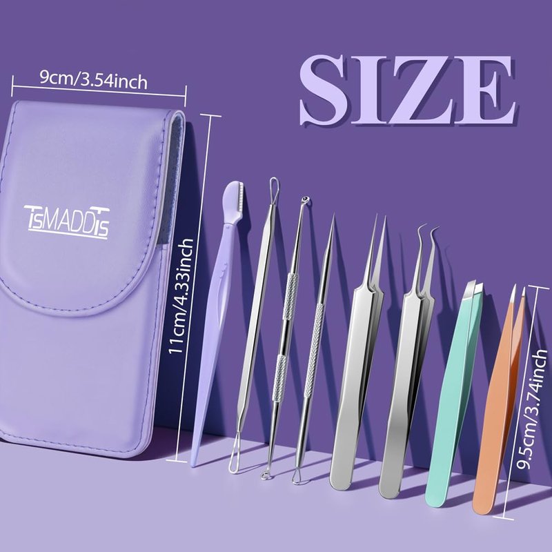 TsMADDTs Blackhead Remover Tools and Ingrown Hair Tweezers, 9 pcs Pimple Popper Tool Kit, Ingrown Hair Removal Kit with Pimple Extractor, Pore Extractor, Tweezers, Razor