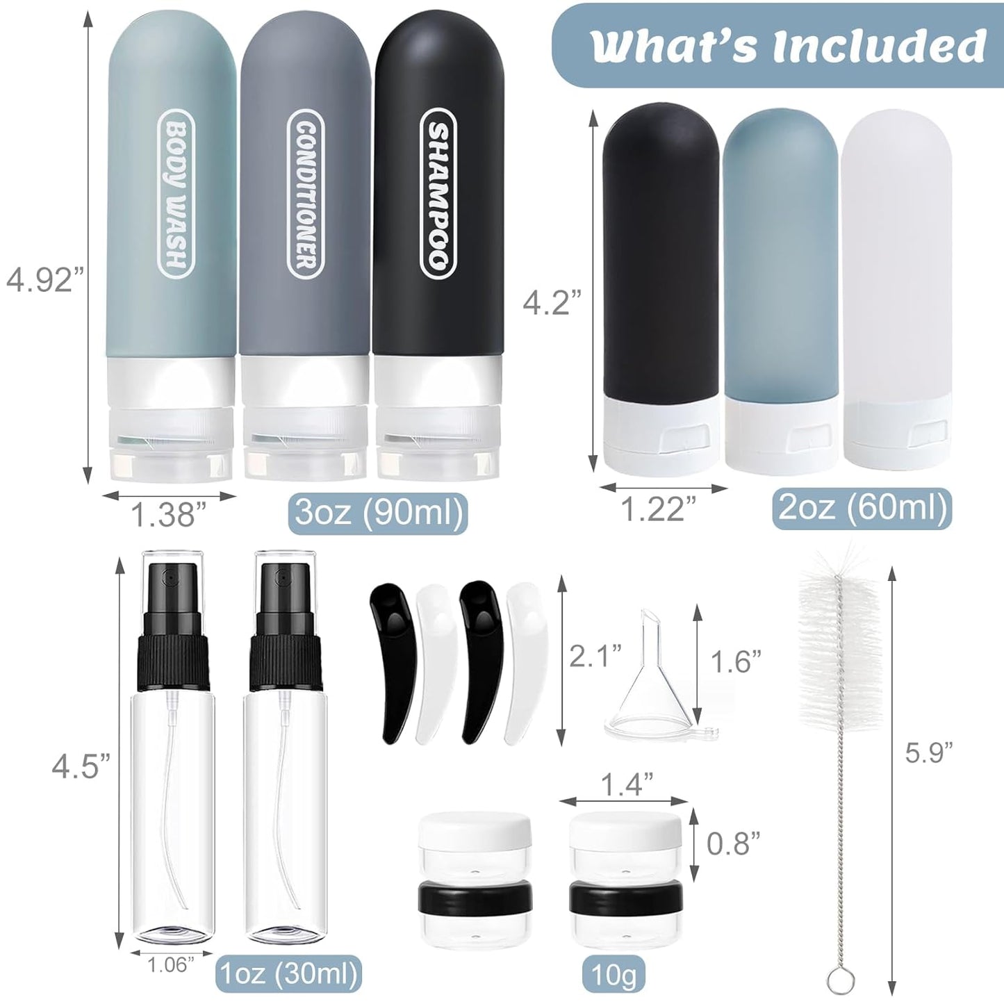 Travel Bottles Set - TSA Approved Leak Proof Toiletry Containers | 20 Pack Refillable Shampoo & Conditioner Bottles (Dark Color)