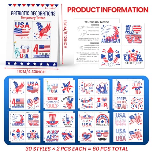 60 PCS Patriotic Temporary Tattoos 4th of July & USA Celebration Decorations