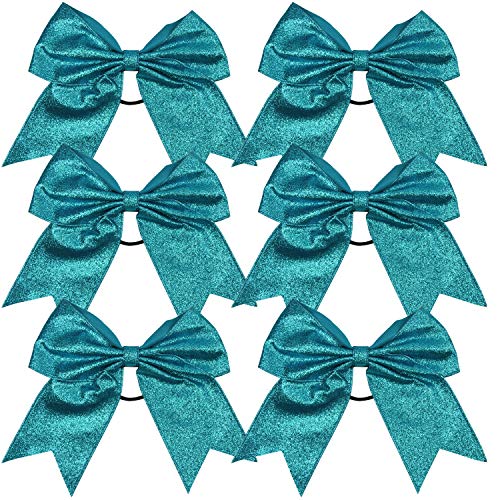 ICObuty Teal 8-Inch Sparkle Glitter Cheerleader Bows - 6 Pack Hair Accessories for Girls & Women