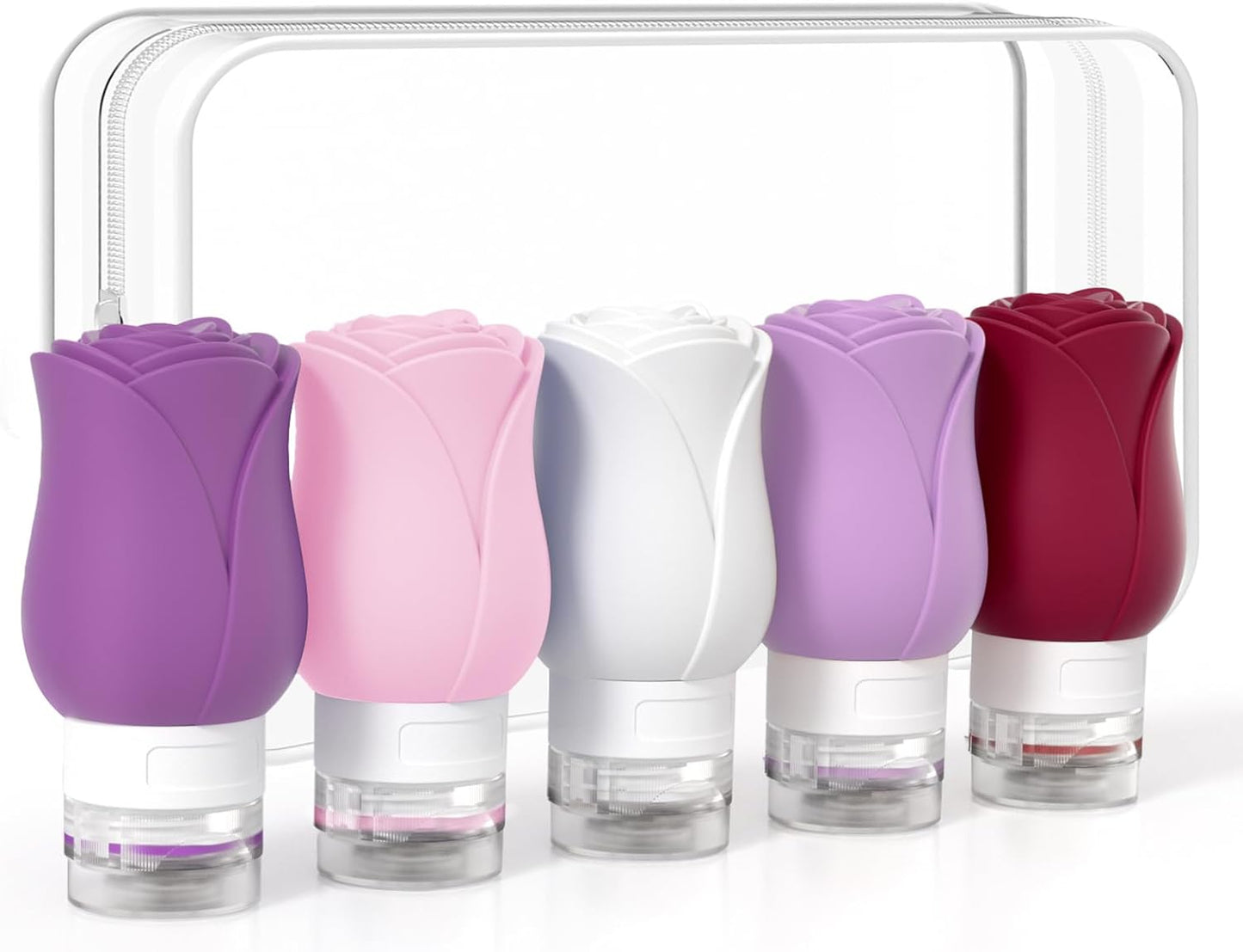 Travel Toiletry Containers - 4 Pack Leakproof 3oz Bottles & Mini Jars | BPA-Free Silicone Squeeze Tubes in Purple Rose