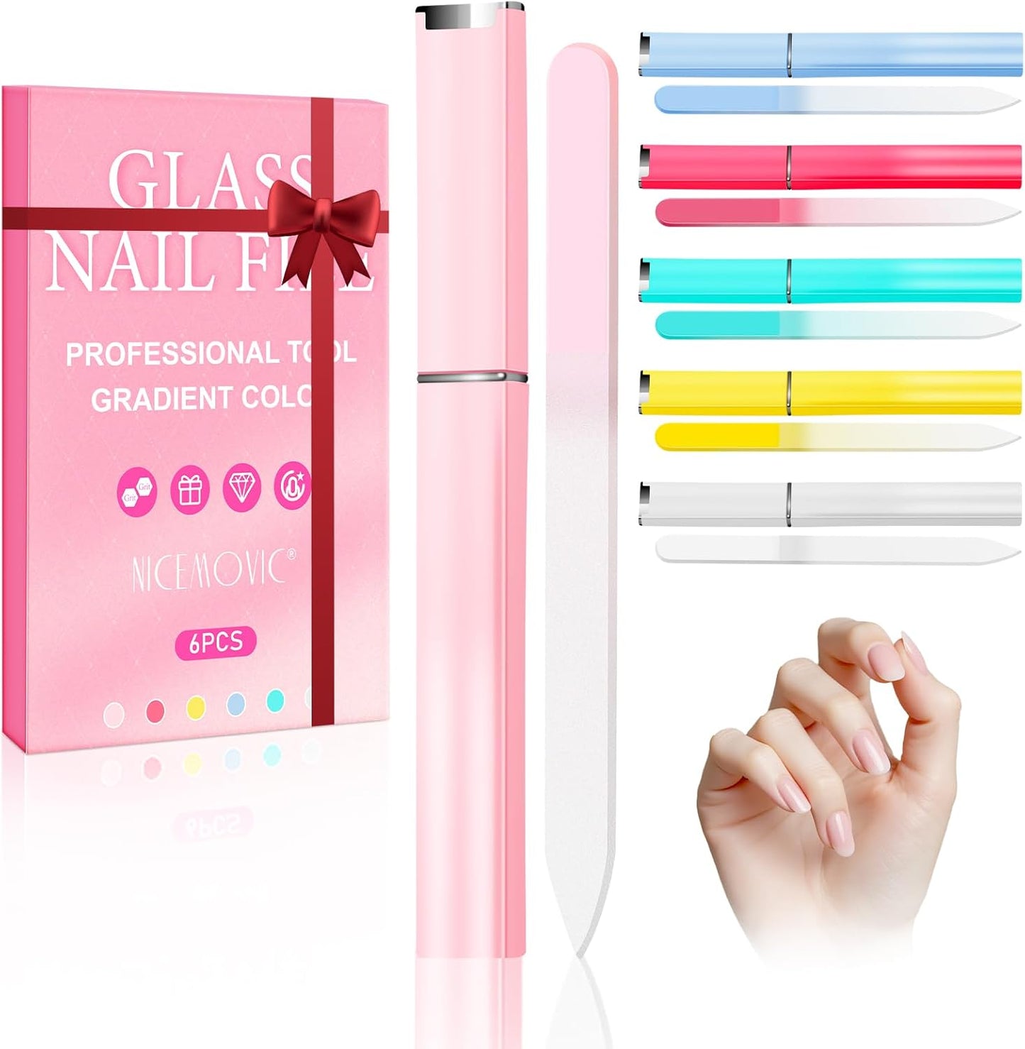 NICEMOVIC Glass Nail File Set - 6 Pack for Natural Nails | Perfect Gift for Women, Teens & Girls