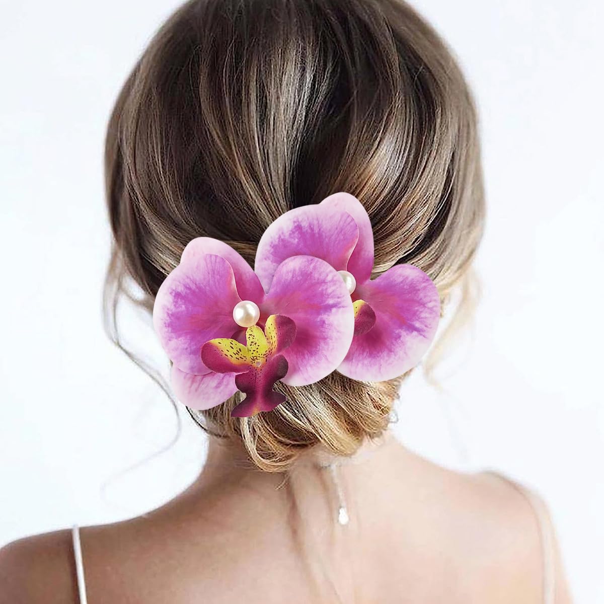 Boho Orchid Hair Clips - 2pcs Artificial Phalaenopsis Barrettes | Bridal Beach Party Accessories (Blue)