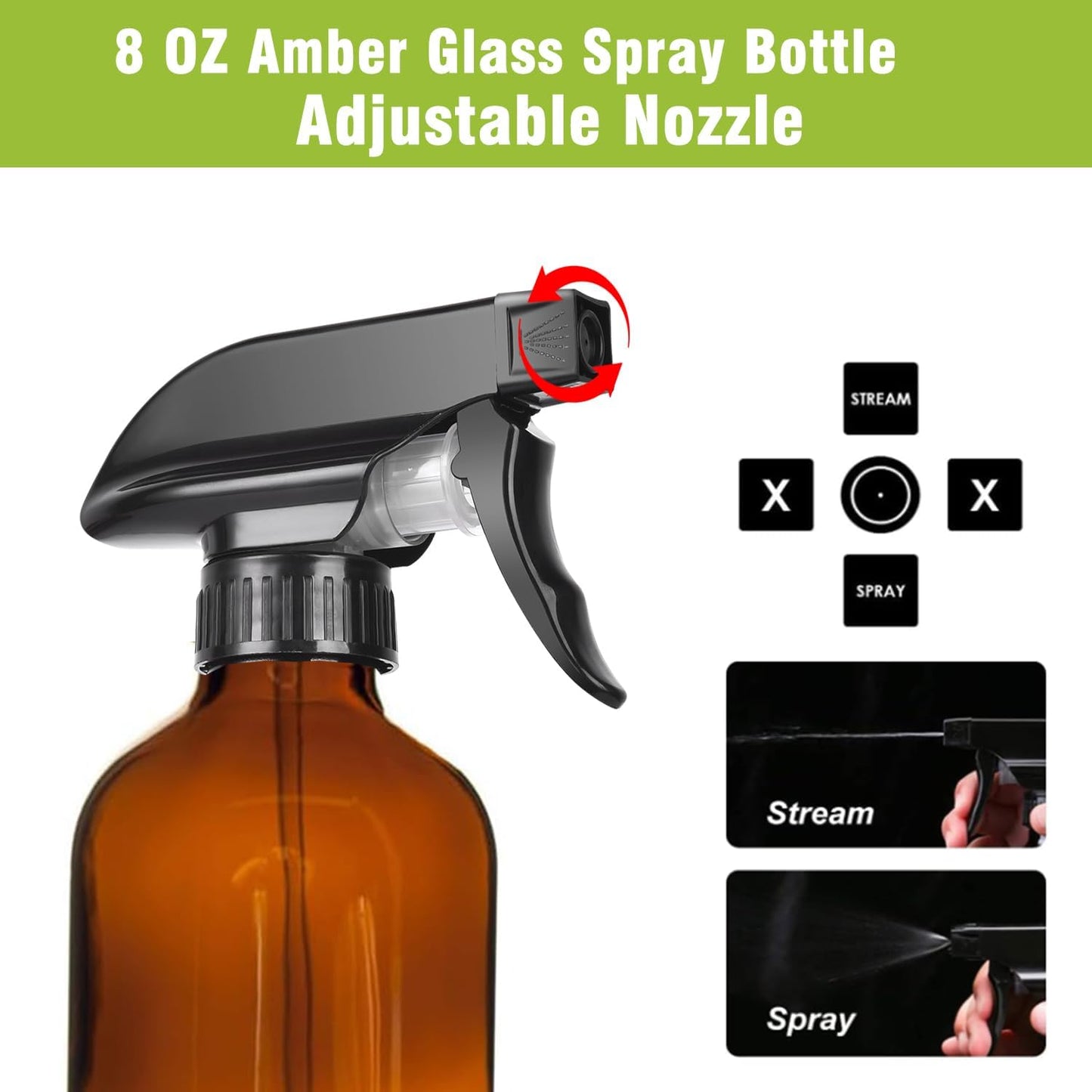 Amber Glass Spray Bottles - 8OZ Refillable Essential Oil & Cleaning Solution Sprayers | 2 Pack with Fine Mist Nozzle