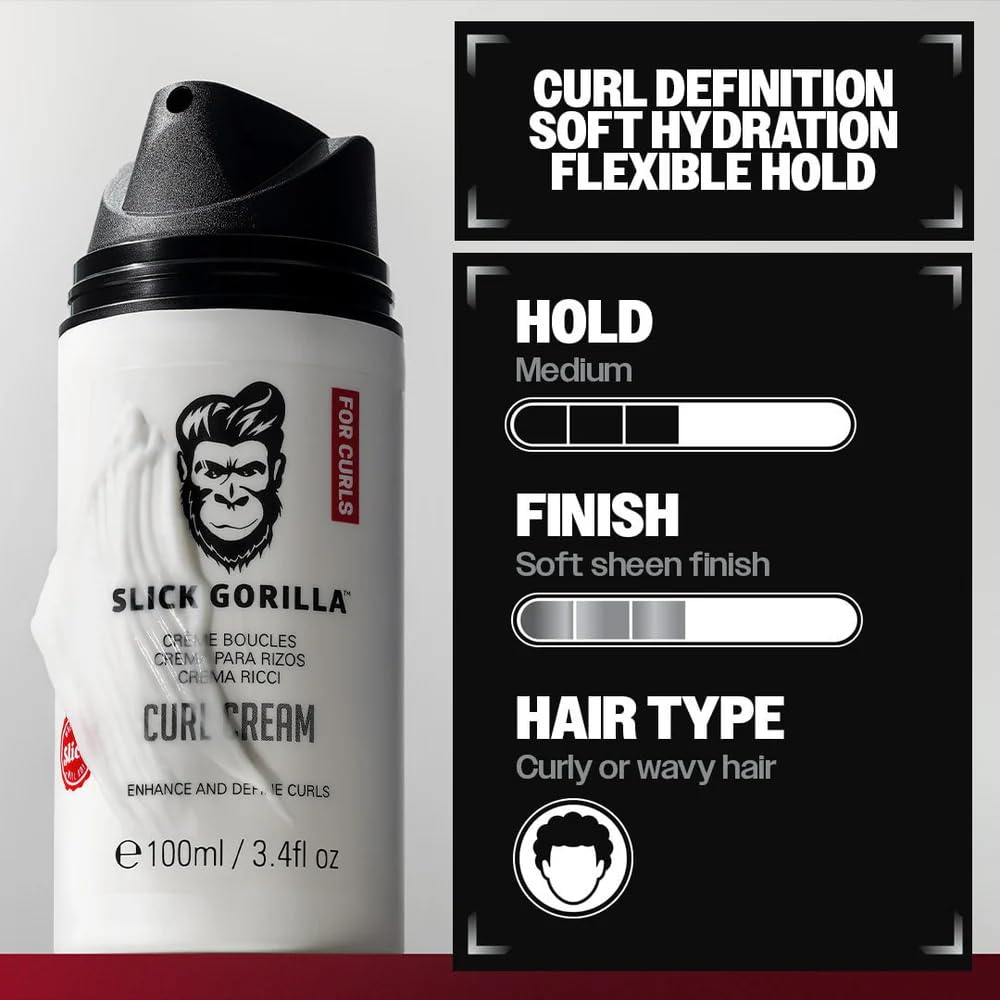 Slick Gorilla Curl Cream for Men | 3.38 Fl Oz (100 ml) | Paraben Free Moisturizing Styler | Lightweight Hold for Wavy & Curly Hair | Frizz Control | Curl Enhancer | Non-Greasy | For Daily Use