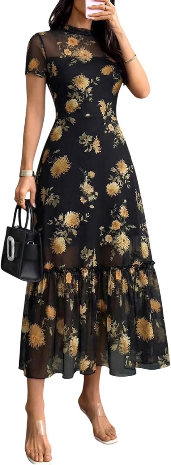 Floral Mesh Ruffle Maxi Dress for Women - Casual Summer Wedding Guest Dress | Short Sleeve, Waist-Cinched