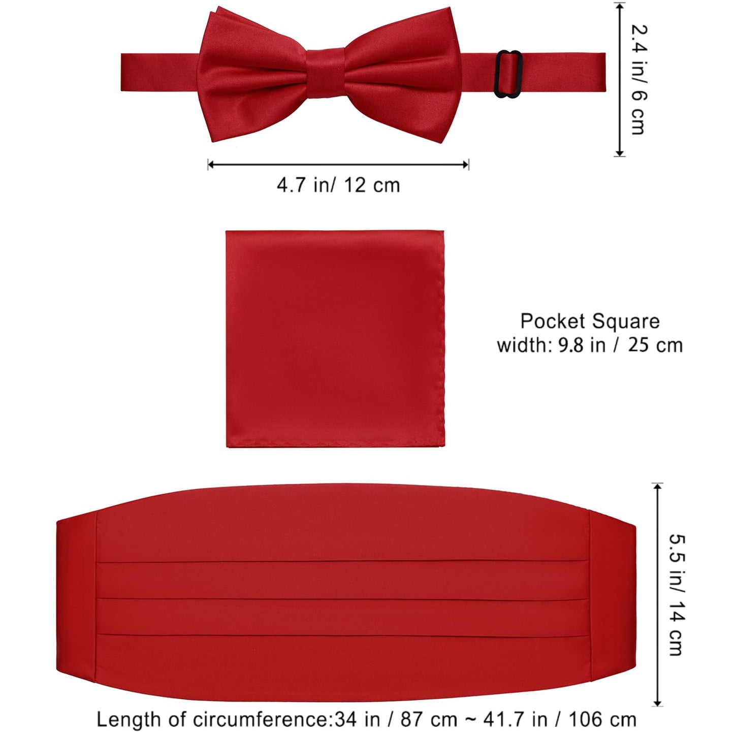 PenSee Mens Formal Solid Pre-tied Bow Tie & Pocket Square & Cummerbund Set Tuxedo Bow Ties for Men Red Medium