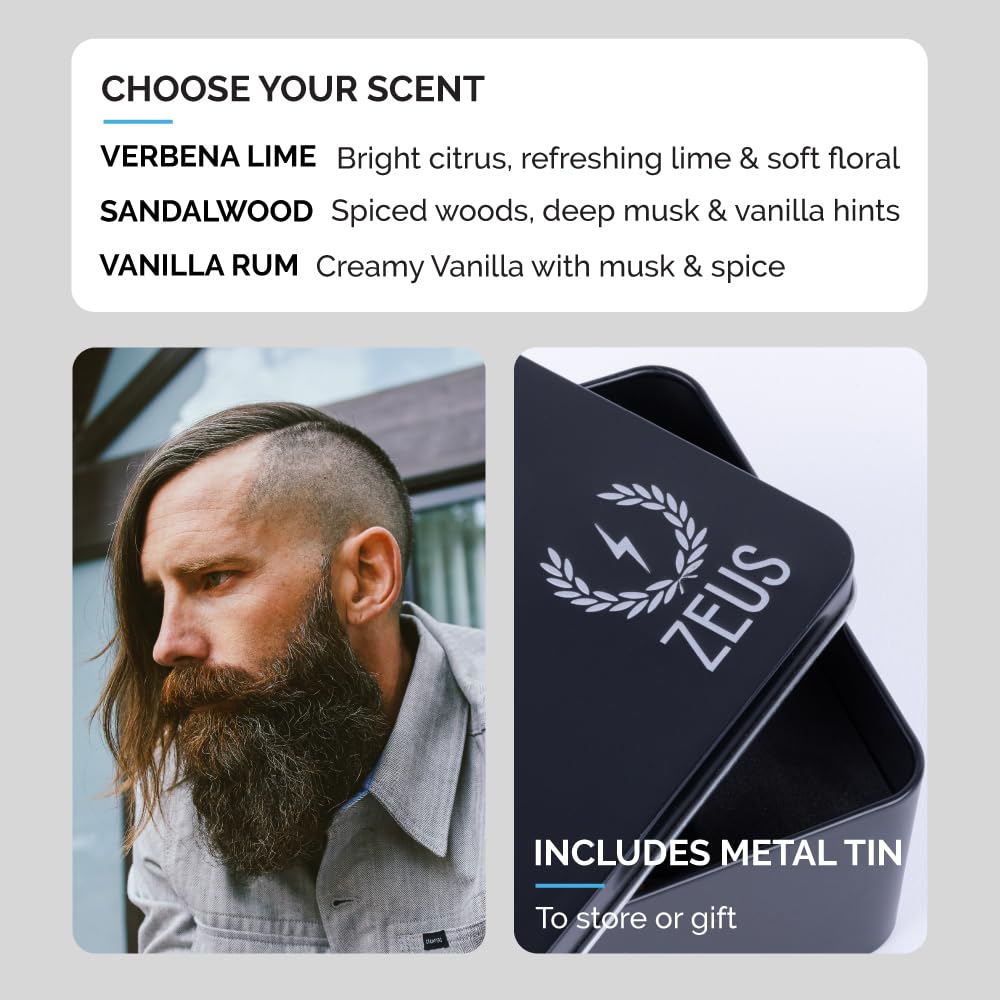 ZEUS Everyday Beard Kit for Men, Facial Hair Shampoo, Conditioner, Oil, Balm & Tin Gift Box, Premium Father's Day Beard Care & Grooming Set (Made in USA) Sandalwood