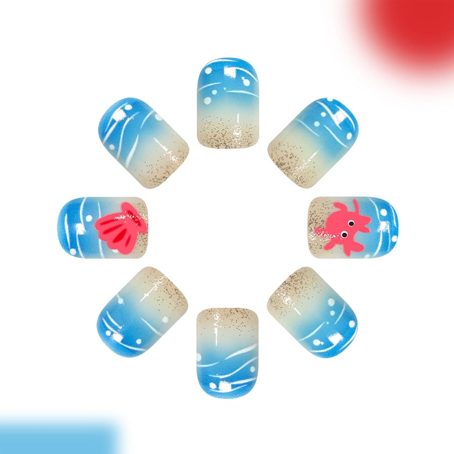 Press On Nails - Short Square Blue Wave Glitter Design | 24 Pcs Glossy Reusable Artificial Nails for Summer