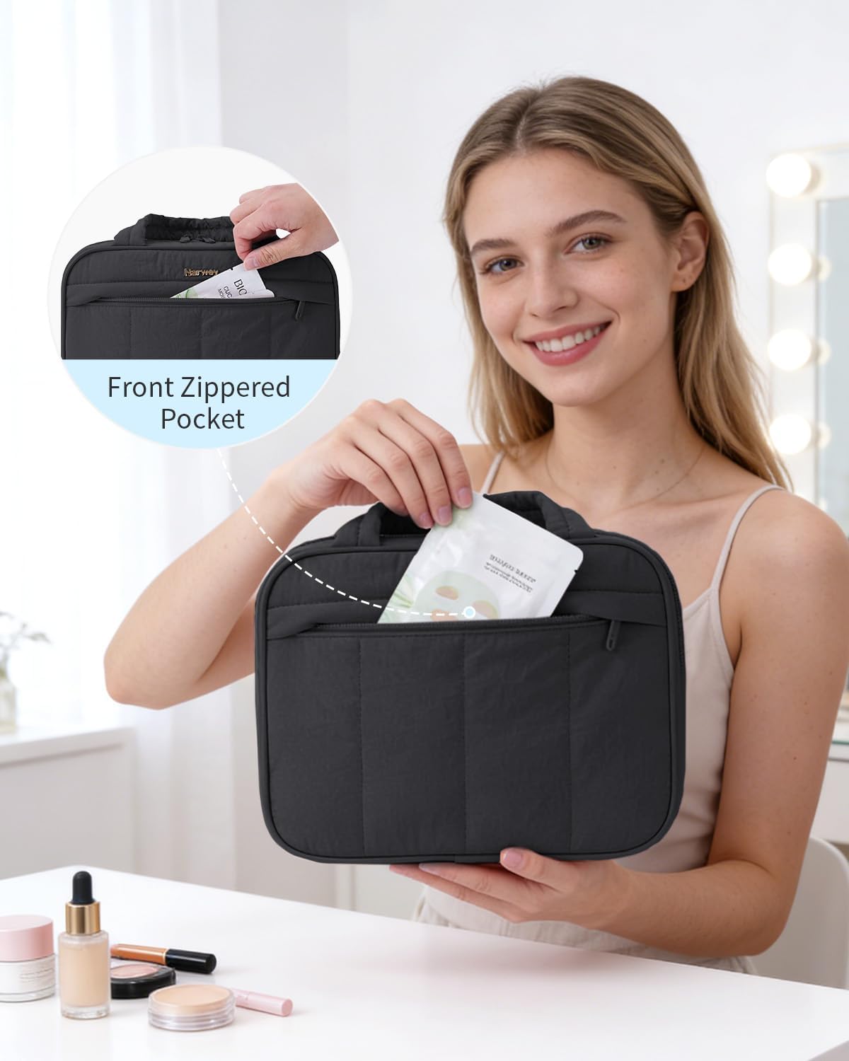 Hanging Travel Toiletry Bag for Women - Quilted Makeup Organizer with Handle | Portable Black Bathroom Bag